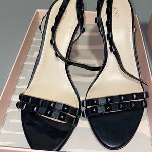 BCBG black low heels with studs and ankle strap